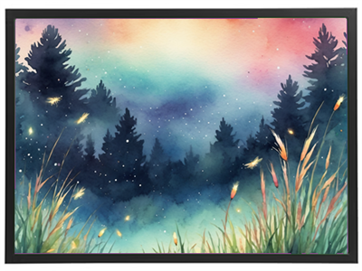 En farverig akvarel af en nattehimmel over en skov med lysende stjerner og græs.