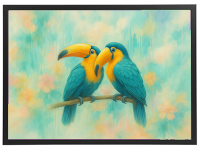 To farverige tukaner sidder tæt sammen på en gren, omgivet af bløde, pastelagtige blomster.