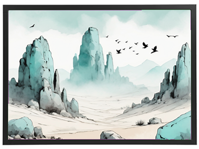 En stiliseret illustration af en ørken med høje klipper og fugle, der flyver over landskabet.