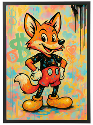 En stiliseret ræv med et smil, iført en t-shirt og shorts, omgivet af farverige baggrunde.