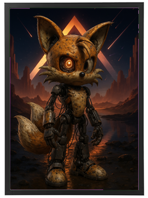 Et robotisk ræv med mekaniske dele og en lysende øje står i en futuristisk, dramatisk baggrund.