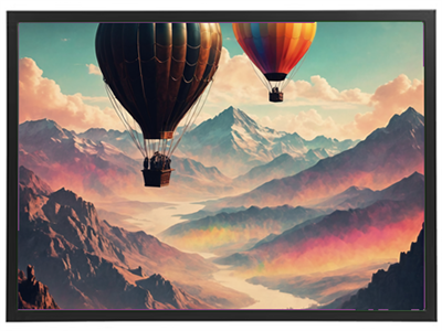 To luftballoner svæver over en farverig bjerglandskab med en malerisk himmel.