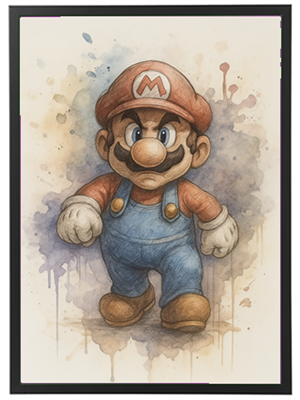 En farverig illustration af en velkendt spilkarakter i en dynamisk pose.