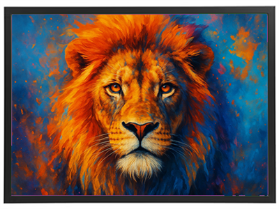 Et nærbillede af en løve med en strålende orange manke og en farverig, abstrakt baggrund.
