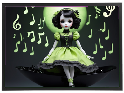 En elegant dukke iført en grøn kjole med musiknoter i baggrunden.