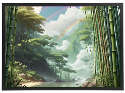 En smuk skovscene med høje bambusplanter, en stille flod og en regnbue i baggrunden.