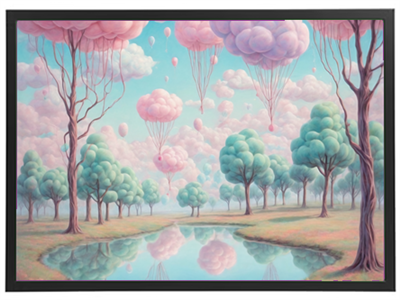 En surrealistisk landskabssceneri med farverige skyer, træer og en spejlende sø.