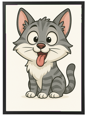 En charmerende, tegnet kat med grå striber, store øjne og en glad udtryk.