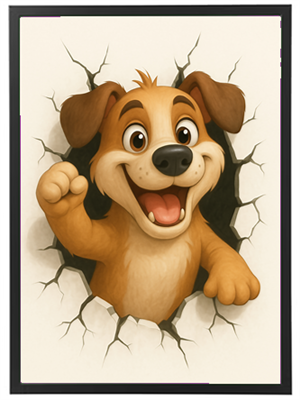 En tegneserieagtig hund, der smilende stikker hovedet ud gennem en sprække i væggen.