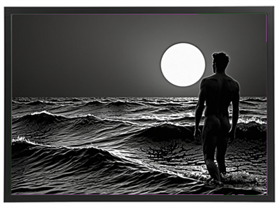 En mand står i vandet, mens månen lyser op over bølgerne i en dramatisk sort-hvid komposition.