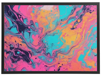 Et livligt abstrakt maleri med flydende mønstre i pink, blå og orange nuancer.