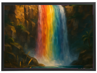 Et malerisk billede af et farverigt vandfald med regnbuefarver, omgivet af klipper og vegetation.