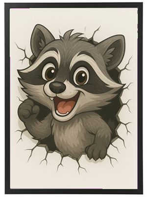 En sød, tegnet vaskebjørn, der kigger ud gennem et hul med et stort smil.