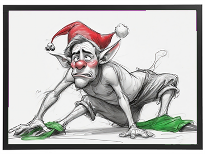 En trist nisse iført en rød juleskæg og grønne klude, der ser ud til at rengøre.