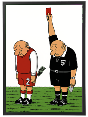En karikatur af en fodboldspiller, der får et rødt kort fra dommeren, mens han ser ned.