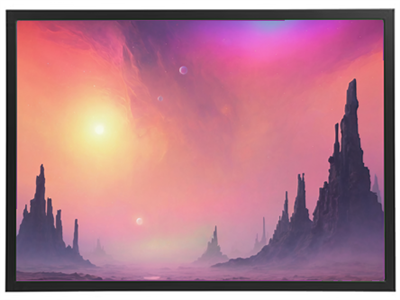 Et surrealistisk landskab med høje klippeformationer og en drømmende, farverig himmel.