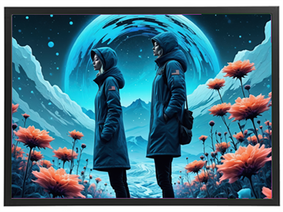 To personer står i en farverig, surrealistisk natur med bjerg og blomster.