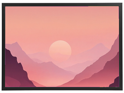 Et stiliseret landskab med bjerge og en stor, blød sol i en rosa himmel.