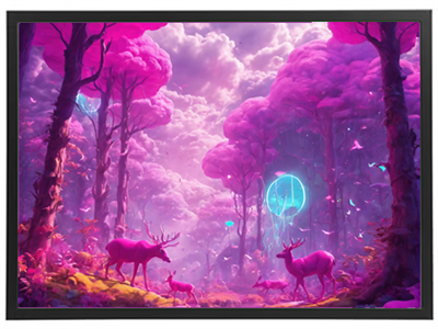 En surrealistisk skovscene med lyserøde træer, hjorte og svævende lys, der skaber en magisk atmosfære.