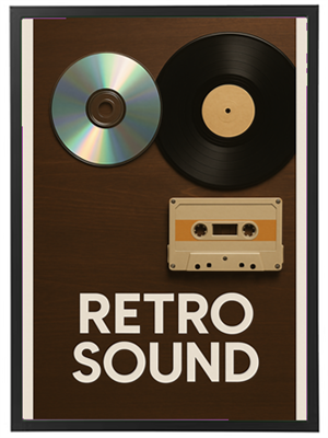 Et kunstværk med en plade, en cd og et kassettebånd, der repræsenterer retro musik.