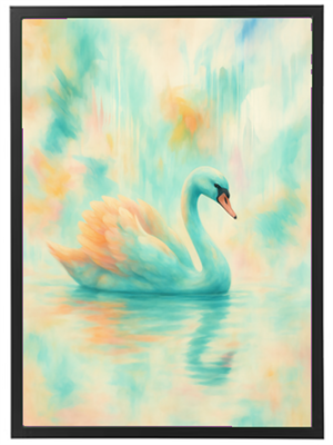 Et maleri af en elegant svane svømmende i en farverig, drømmende baggrund.