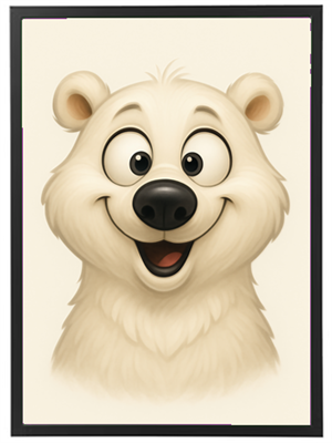 En sød, tegnet isbjørn med et stort smil og venlige øjne.