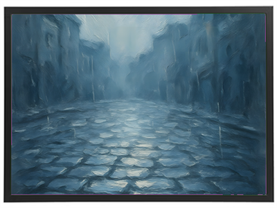 Et stemningsfuldt maleri af en våd gade med tåge og regn, der skaber en drømmende atmosfære.