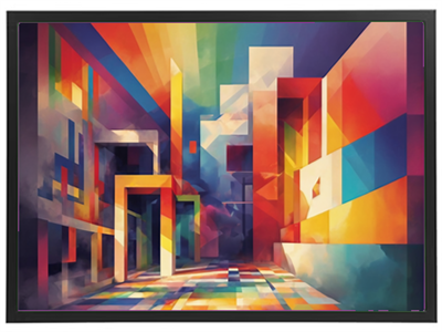Et livligt og farverigt abstrakt billede af en arkitektonisk scene med geometriske former.