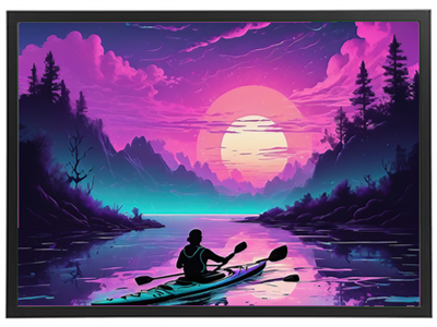 En person i en kajak sejler gennem en smuk, farverig sø ved solnedgang, omgivet af bjerge og træer.