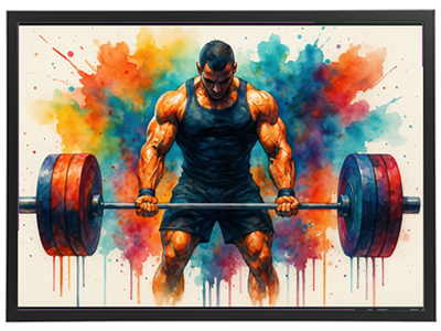 En muskuløs mand løfter en vægtstang med en farverig, abstrakt baggrund.