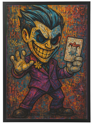 Et livligt maleri af en joker-karakter med en stor grin og farverig påklædning, der holder et kort.