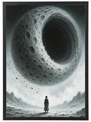 En person står foran en kæmpe måne med en hul kerne, omgivet af en dramatisk himmel.