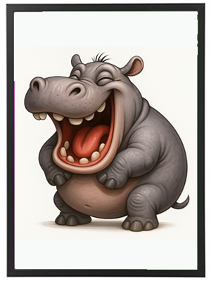 En tegneserieagtig flodhest, der griner højt med åbent mund og synlige tænder.