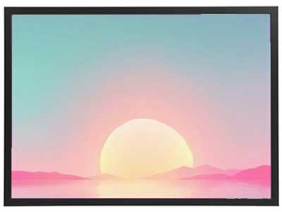 Et digitalt kunstværk, der viser en solnedgang med bløde farver og bjerge i baggrunden.