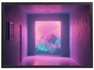 Billedet viser en futuristisk korridor med en lysende dør, der udsender farvet røg.