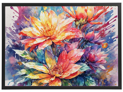 En livlig akvarelillustration af blomster med nuancer af orange, pink og grøn.