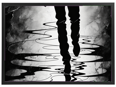 Et stiliseret billede af en person, der går på vand, med refleksioner i en abstrakt stil.