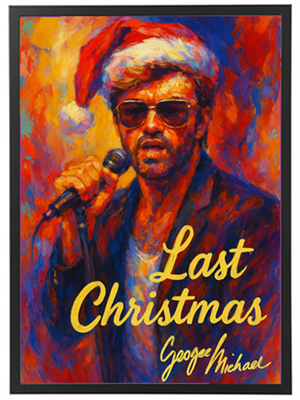 Farverigt kunstværk af George Michael med juleskæg og mikrofon.