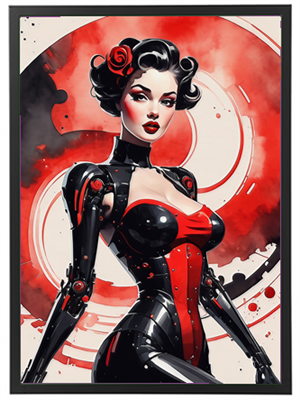 Et farverigt billede af en kvinde i en futuristisk dragt med retro-elementer.