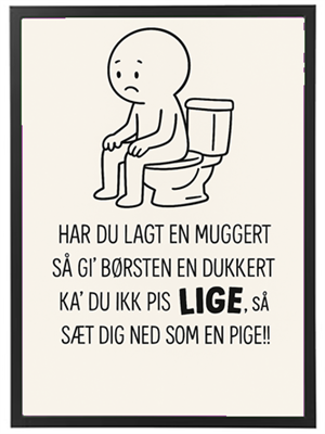 En tegneseriefigur sidder på toilettet med en komisk tekst om toiletvaner.