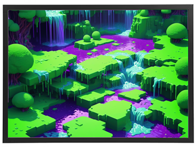 Et farverigt, digitalt landskab med grønne former, vandfald og en violet sø.