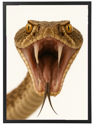 Et nærbillede af en slange med åben mund, fremhævende dens skarpe tænder og karakteristiske farver.