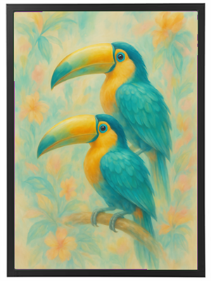 Et maleri af to tukaner med farverige fjer, omgivet af blomster og grønne nuancer.