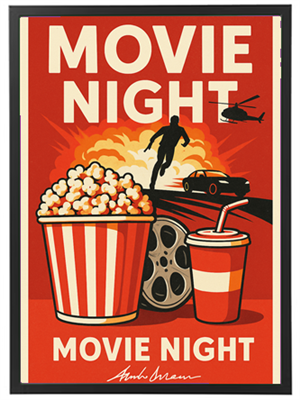 Et farverigt plakatdesign, der promoverer en film aften med popcorn, drikkevarer og action.