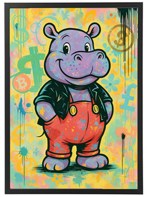 En glad, lilla flodhest iført en læderjakke og røde bukser, omgivet af farverige grafiske elementer.