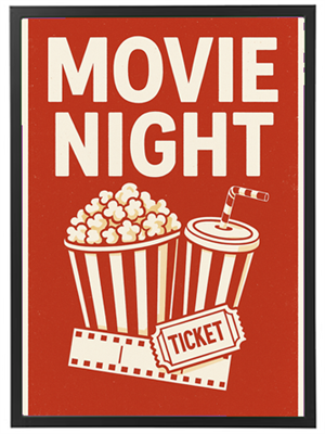 Et billede med teksten MOVIE NIGHT, popcorn, en sodavand og en billet, der indikerer en film aften.
