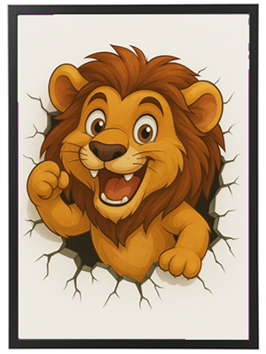 En tegneserie-lignende løve med et stort smil, der ser ud til at bryde igennem en væg.