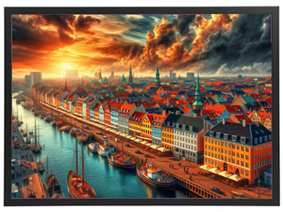 En dramatisk solnedgang over Københavns havn, med farverige bygninger og skyer.