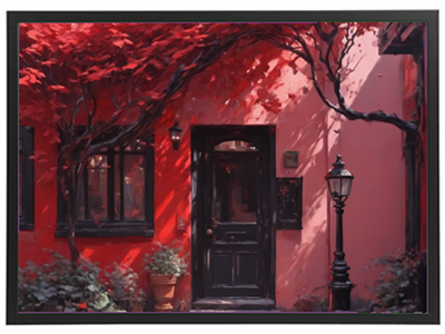 Et malerisk billede af en rød dør omgivet af farverige planter og træer.