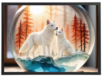 En smuk snebold med to ulve, omgivet af sne og røde træer i en vinterlig scene.